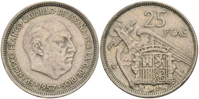Испания 25 песет 1957 (58) Франсиско Франко (1939 - 1975) KM 787 медно-никель 4149-1023