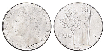 Италия 100 лир 1981 R, Афина в доспехах KM 96.1 нержавеющая сталь 4704-812