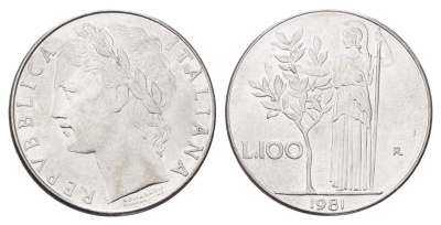 Италия 100 лир 1981 R, Афина в доспехах KM 96.1 нержавеющая сталь 4704-812