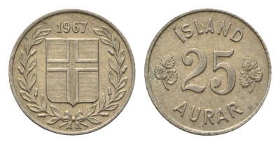 Исландия 25 эйре 1967 KM 11 медно-никель UNC 4696-347