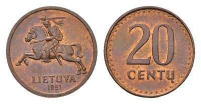 Литва 20 центов (сентов) 1991 год-тип KM 89 бронза UNC 4694-1228