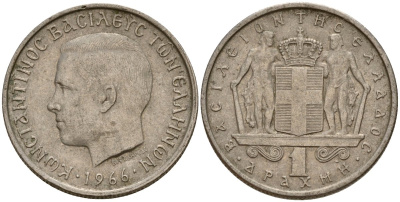 Греция 1 драхма 1966 Константин II (1964-1973) KM 89 медно-никель 4159-851