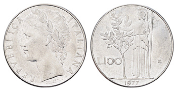 Италия 100 лир 1977 R, Афина в доспехах KM 96.1 нержавеющая сталь 4704-745