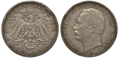 Баден 3 марки 1914 Фридрих II (1907-1918) J. 39, KM 280 серебро 413-722