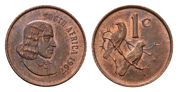 ЮАР 1 цент 1967 Ян ван Рибек (1619-1677), South Africa, легенда на африкаанс, капские воробьи KM 65.1 бронза aUNC 4690-1011