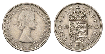 Великобритания 1 шиллинг 1953 год-тип, Елизавета II (1952-2022), Английский герб KM 890, Spink 4139 медно-никель 4695-742