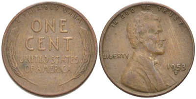 США 1 ЦЕНТ 1953 D, ЛИНКОЛЬН KM А132 медь цинк 218-1016