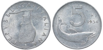 Италия 5 лир 1954 R, дельфин, состояние KM 92 алюминий 4164-424