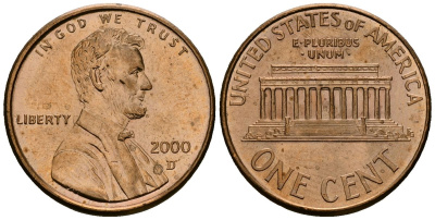 США 1 цент 2000 D, Линкольн KM 201b цинк плакированный медью 4136-367