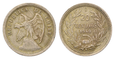 Чили 20 сентаво 1940 KM 167 медно-никель 4688-317