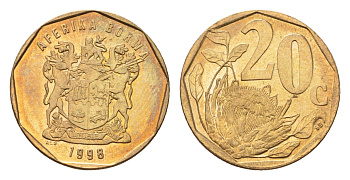 ЮАР 20 центов 1998 герб, цветок протея KM 162 сталь плакированная латунью UNC 4694-864