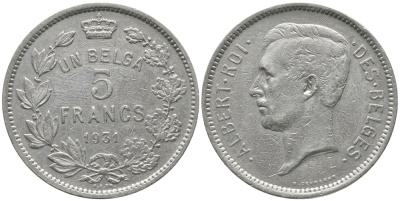 БЕЛЬГИЯ 5 ФРАНКОВ 1931 BELGES KM 97.1 никель 56-211
