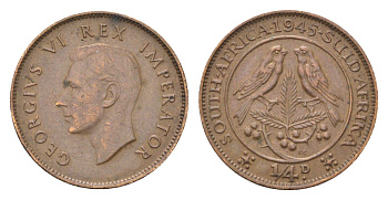 ЮАР 1/4 пенни 1945 KM 23 бронза 4705-646