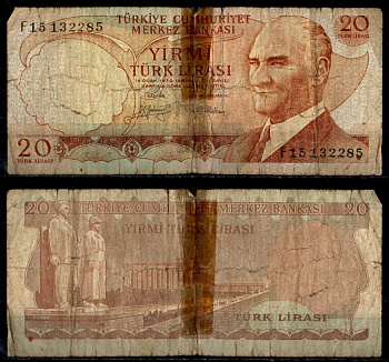 Турция 20 лир 1970 Pick 187 a(2) бумага 8564-15-4-1