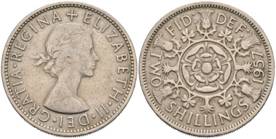 Великобритания 2 шиллинга (флорин) 1957 Елизавета II (1952-2022) KM 906, Spink 4146 медно-никель 4572-1015