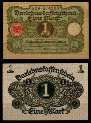 Германия 1 марка 1920 Pick 58 бумага 8602-46-2-2