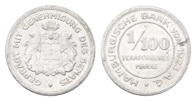 Гамбург 1/100 марки 1923 Funck 637.1, KM Tn1, Men05 10517.1, Men18 13133.1 алюминий 4708-742
