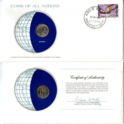 Эфиопия 25 сантимов 1977 конверт с маркой первого дня гашения, Coins of Nations KM 46 медно-никель UNC 4295-7-2