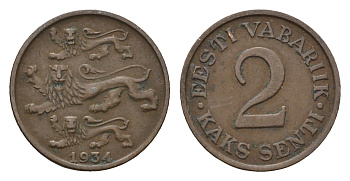 Эстония 2 сентов 1934 год-тип KM 15 бронза 46-2047