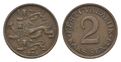 Эстония 2 сентов 1934 год-тип KM 15 бронза 46-2047