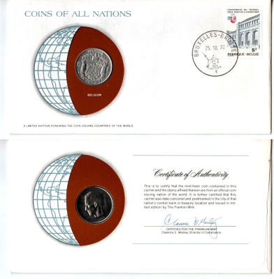 Бельгия 10 франков 1976 конверт с маркой первого дня гашения, Coins of Nations KM 155.1 никель UNC 4294-20-1