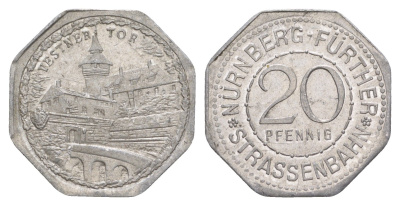 Нюрнберг трамвайный (транспортный) жетон в 20 пфеннигов ND (1920-1921) Вестнерские ворота Men05 19256.43, Men18 24102.43 алюминий 3459-534
