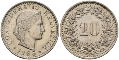 Швейцария 20 раппенов 1966 B KM 29a медно-никель 4187-554