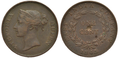 Стрейтс-Сетлментс 1 цент 1845 Виктория (1837-1901) KM 3 медь 4557-846