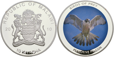 Малави 10 квача 2010 хищные птицы, сапсан, цветная эмаль, диаметр 50 мм PROOF 05-089-34