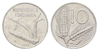 Италия 10 лир 1973 R, плуг, колосья KM 93 алюминий 4704-543
