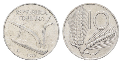 Италия 10 лир 1973 R, плуг, колосья KM 93 алюминий 4704-543