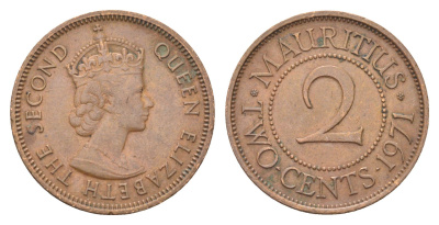 Маврикий 2 цента 1971 Елизавета II (1952-2022) KM 32 бронза 4706-724