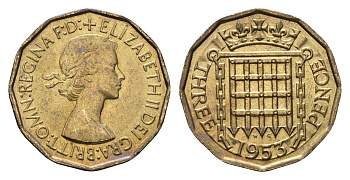 Великобритания 3 пенса 1953 Елизавета II (1952-2022), год-тип KM 886, Spink 4152 никель латунь UNC 4691-626