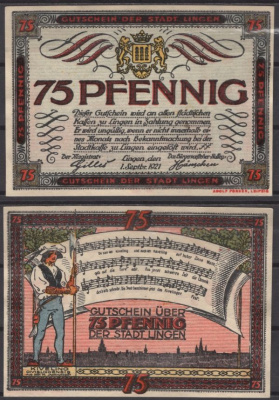 Линген 75 пфеннигов 1921 DeNG 2 803.3b бумага UNC (пресс) 8608-18-3-2