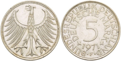 ФРГ 5 марок 1971 F KM 112.1, Jager 387 серебро 4542-1235