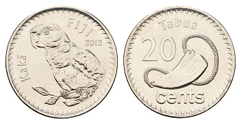 Фиджи 20 центов 2012 Елизавета II (1952-2022), китовый зуб KM 334 сталь плакированная никелем UNC 4698-1232