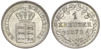 Вюртемберг 1 крейцер 1872 Карл I (1864-1891) KM 612, Jaeger 82, AKS 128 серебро  aUNC  413-6643