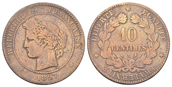 Франция 10 сантимов 1897 A KM 815.1, Le Franc 135.44 бронза 88-1036