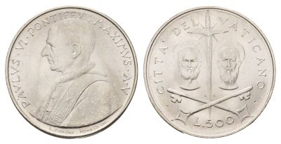 Ватикан 500 лир 1967 MCMLXVII, год-тип KM 99 серебро UNC 11-134-23