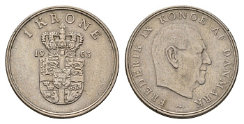 Дания 1 крона 1963 С; S, Фредерик IX (1947-1972) KM 851 медно-никель 4703-436