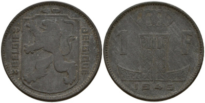 Бельгия 1 франк 1945 Belgie - Belgique, Леопольд III (1934-1947), германская оккупация, Вторая мировая война KM 128 цинк 4161-547