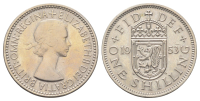 Великобритания 1 шиллинг 1953 год-тип, Елизавета II (1952-2022), Шотландский герб KM 891, Spink 4140 медно-никель 4698-1037