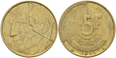 Бельгия 5 франков 1986 Belgique KM 163 алюминиевая бронза 4126-157