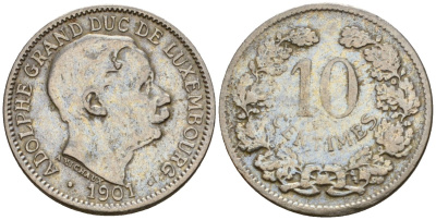 Люксембург 10 сантимов 1901 Адольф (1890-1905) KM 25 медно-никель 4602-458