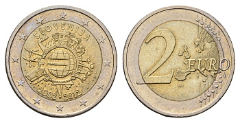 Словения 2 евро 2012 10 лет евро наличными KM 107 биметалл 4693-1137