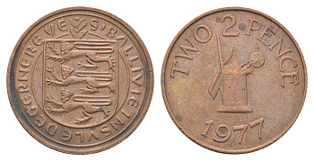 Гернси 2 пенса 1977 Елизавета II (1952-2022), ветряная мельница KM 28 бронза 4703-1111