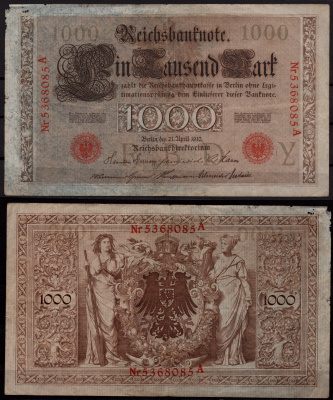 Германия 1000 марок 1910 7 значный номер Pick 44 b бумага 7191-35-3-2