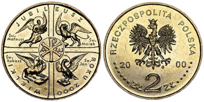 Польша 2 злотых 2000 MW, великий юбилей 2000, миллениум KM 376 нордик UNC 4153-1113