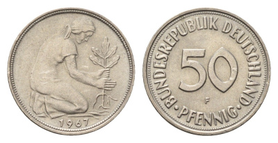ФРГ 50 пфеннигов 1967 F KM 109.1, J. 384 медно-никель aUNC 4696-916