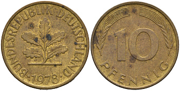 ФРГ 10 пфеннигов 1978 F KM 108, J.383 сталь плакированная латунью 4681-1143